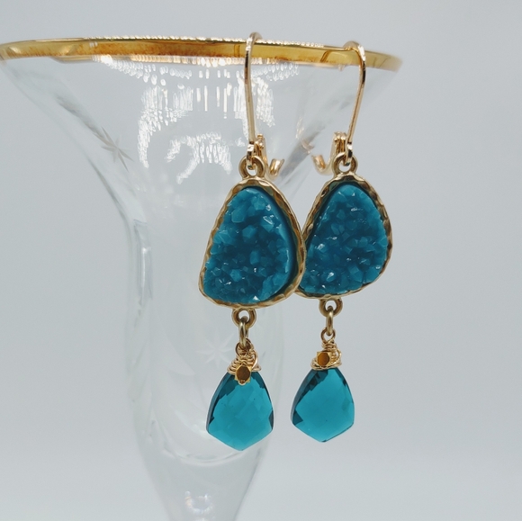 Sterling Silver Vermeil Teal Quartz Drop Earrings - Picture 8 of 10